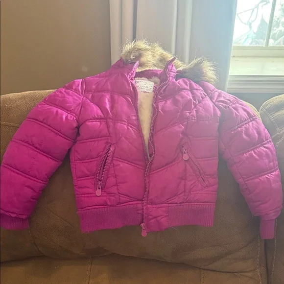 Justice Fuchsia Puffer Jacket with Faux Fur Trim - Picture 1 of 3